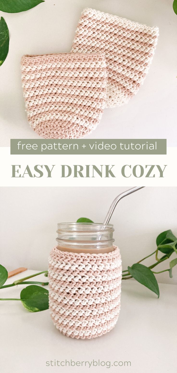 an easy crocheted mason jar cover is shown with the text, free pattern and video