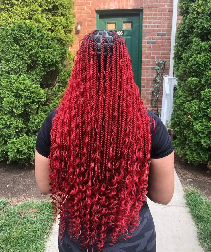 Red hair, red braids, red goddess braids, goddess braids, red heads Red Curly Braids Black Women, Red Goddess Braids Hairstyles, Red Medium Boho Knotless Braids, Braids In Different Colours, Goddess Braids Red And Black, Red Braiding Hairstyles, Red Knotless Box Braids Medium, Red Mermaid Braids, Dark Red Goddess Braids