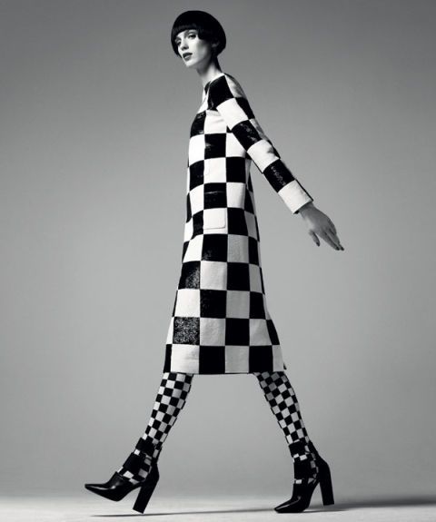 Dress, Louis Vuitton. 866-VUITTON. Shoes, $625, Alexander Wang. shopBAZAAR.com.  Tights, stylist's own. 60s Fashion Black And White, Montreal Photoshoot, Black And White Circus, Clown Fashion, White Fashion Editorial, Twiggy Makeup, Richard Avedon, Fashion Articles, Mod Fashion