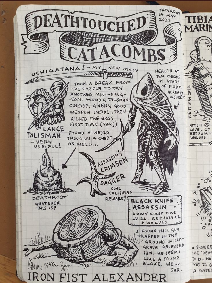 an open notebook with some drawings on the pages and writing about catsacombs in it