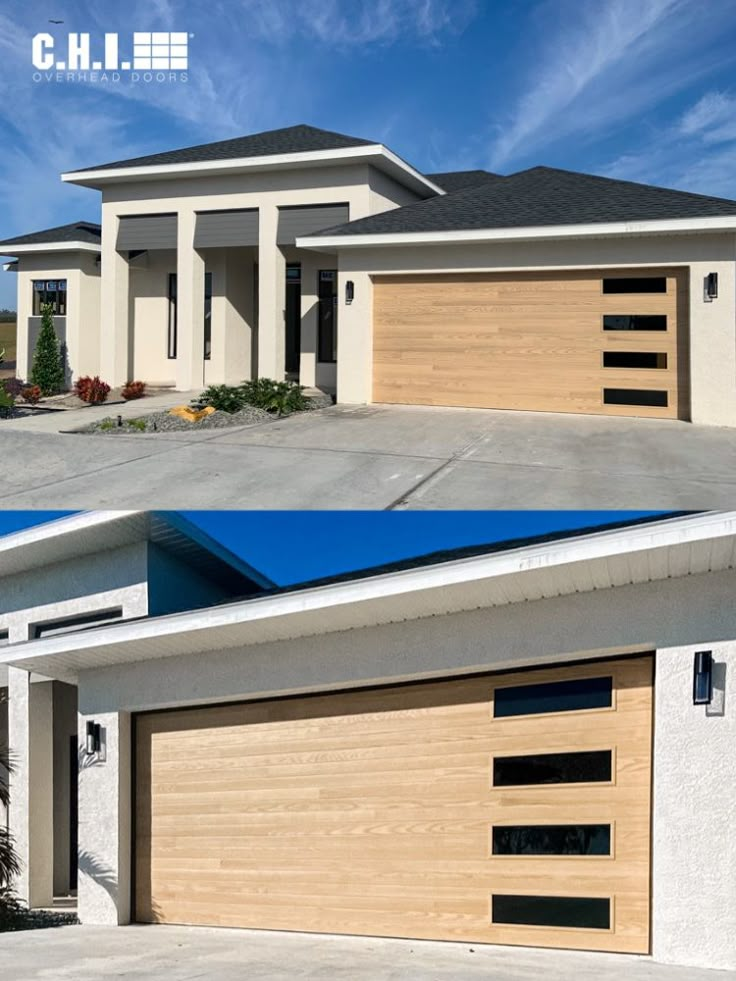 two photos side by side of a house with garage doors