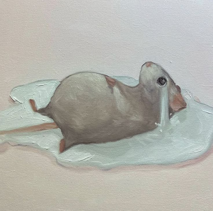 a painting of a mouse on a white surface with pink walls in the background,