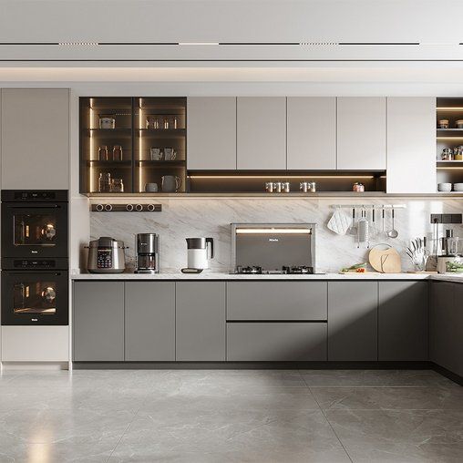 a modern kitchen with stainless steel appliances and white marble countertops, along with open shelves