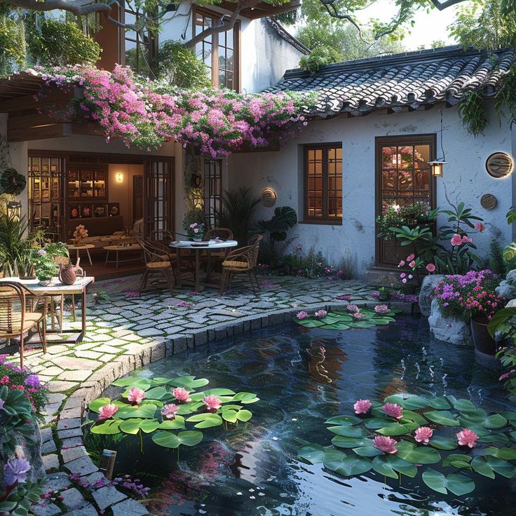 an outdoor patio with water lilies and tables