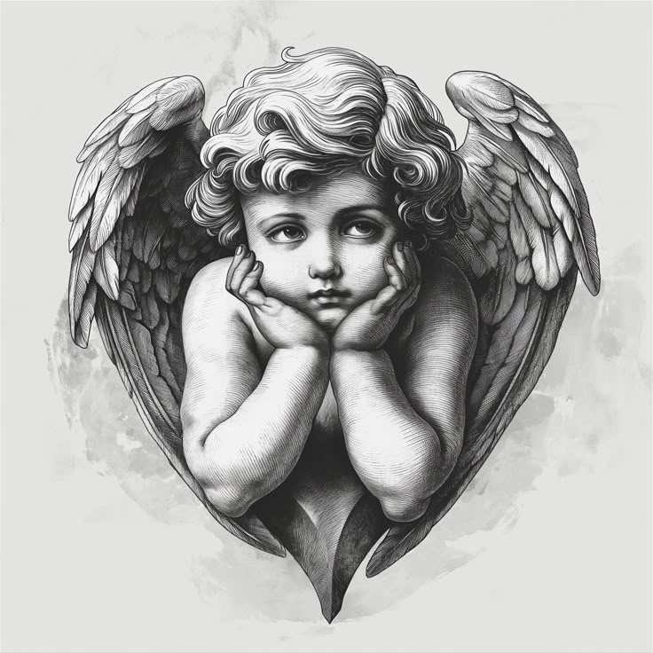 a drawing of an angel with her hands on her face and arms folded over her chest