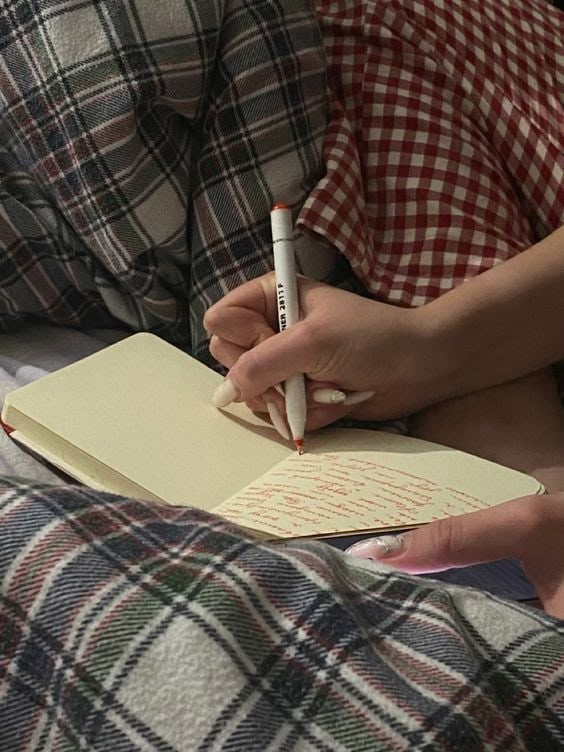 a person sitting on a bed with a notebook and pen in their hand while writing