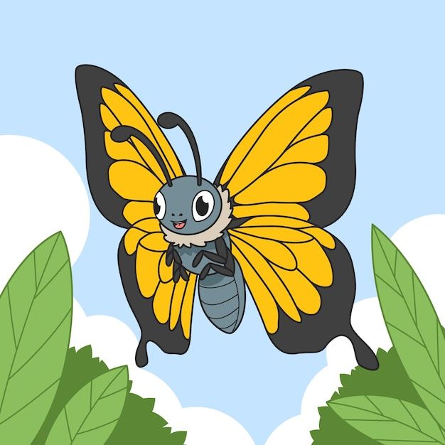 a cartoon butterfly flying through the air with leaves around it's legs and wings