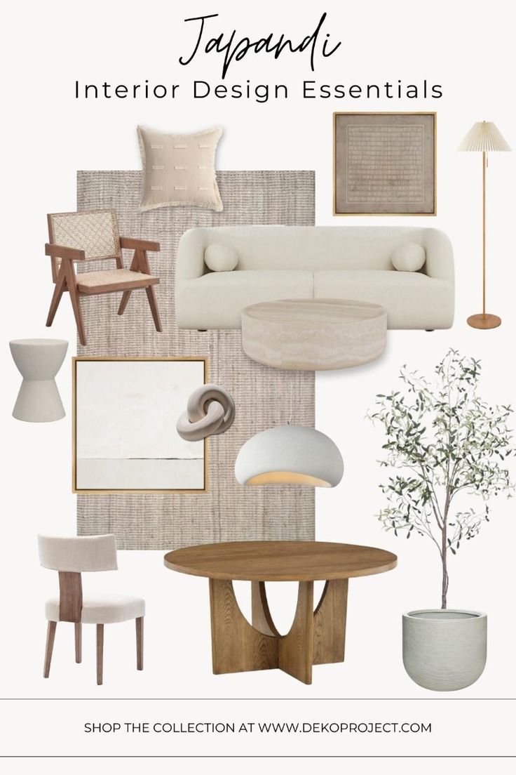 the interior design essentials are displayed in white and neutral colors, including beige furniture