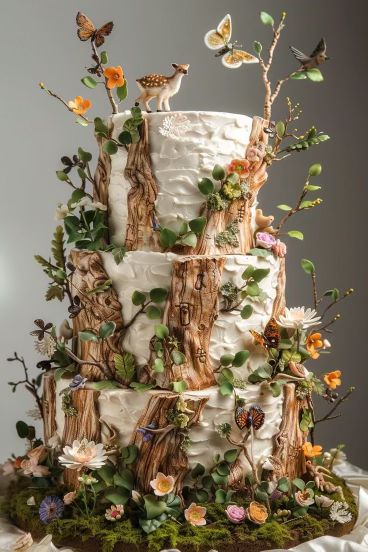 a three tiered cake decorated with flowers and butterflies