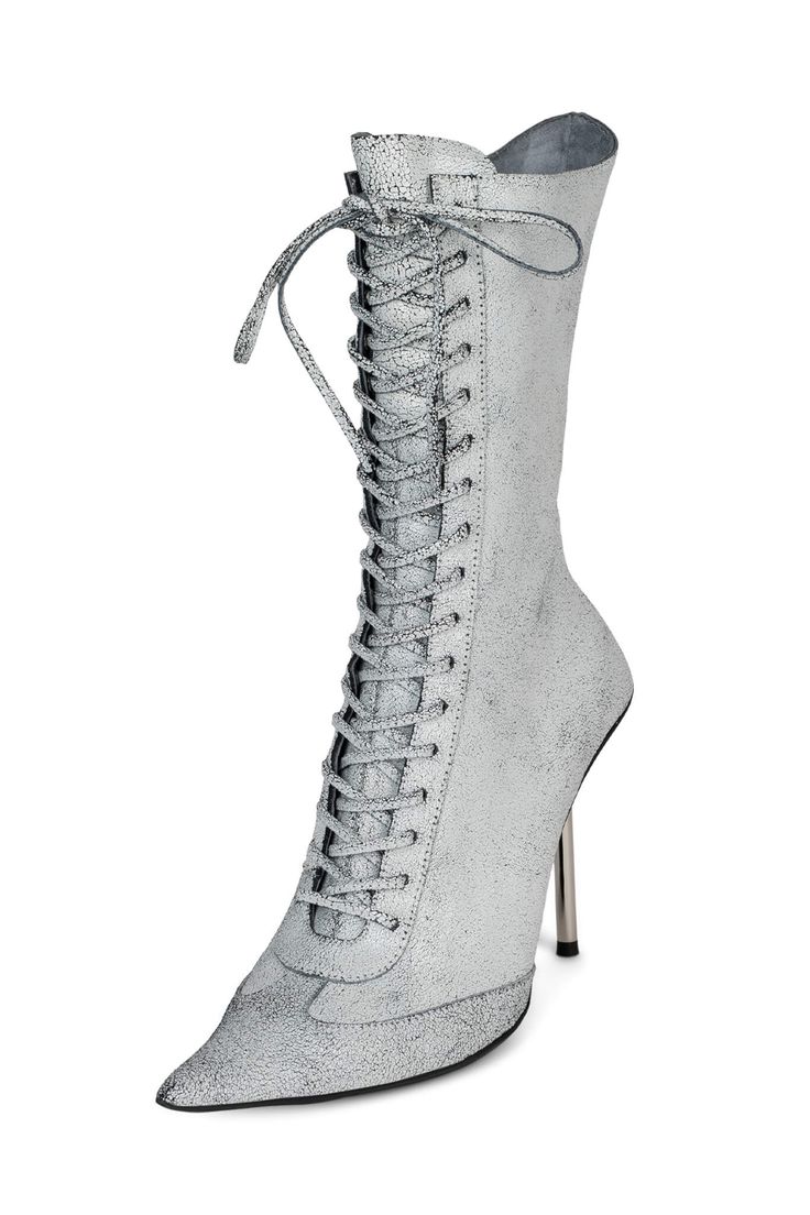 Mid-calf pointed-toe lace-up stiletto boot Fits true to size Measurements taken from a size 7 4" Heel, 0.25" Platform 9" Shaft, 9" Leg Opening Leather Upper, Leather / Fabric Lining, Synthetic Sole Zipper & Lace-up closure Butterfly Stomach, Jeffery Campbell Boots, Shoes List, Grey Knee High Boots, Jeffrey Campbell Boots, Boot Fits, Granny Boots, Luxury Boots, Shoes Heels Classy