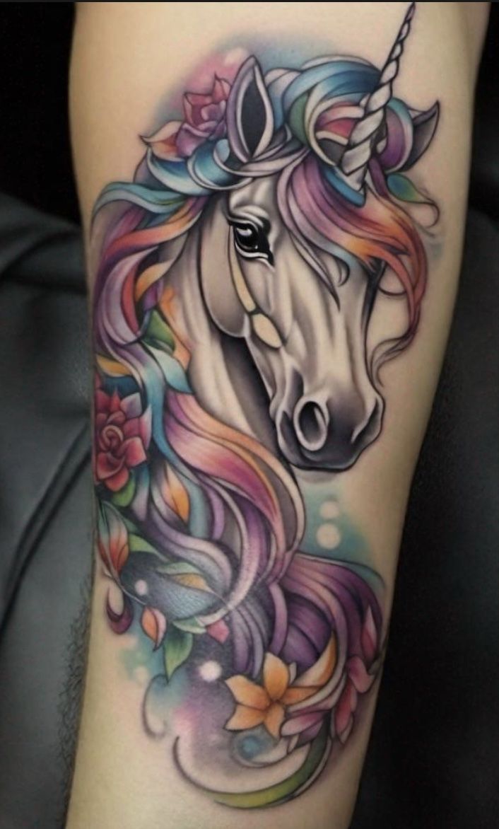 a colorful unicorn tattoo on the leg