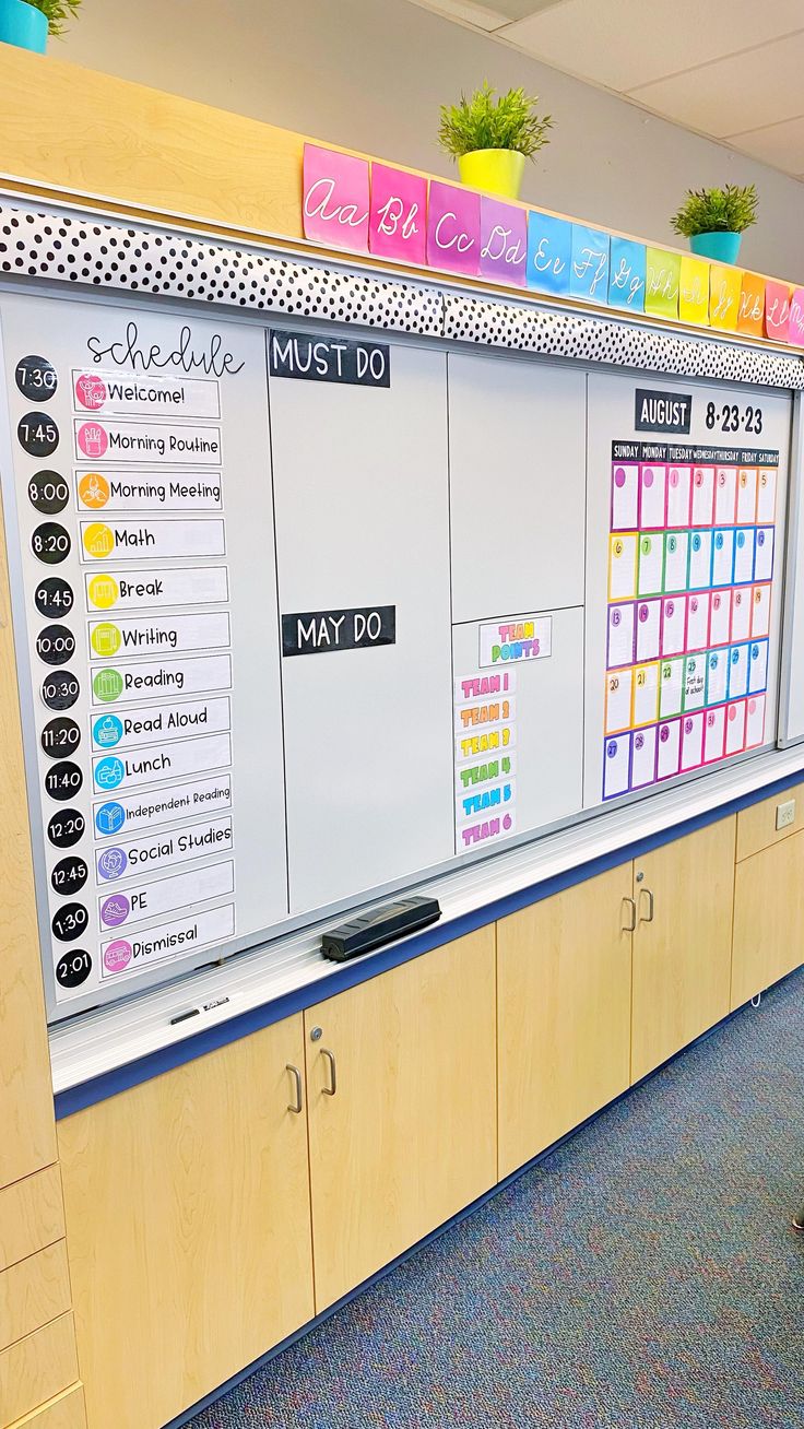 a large white board in an office with lots of colorful notes on the back wall