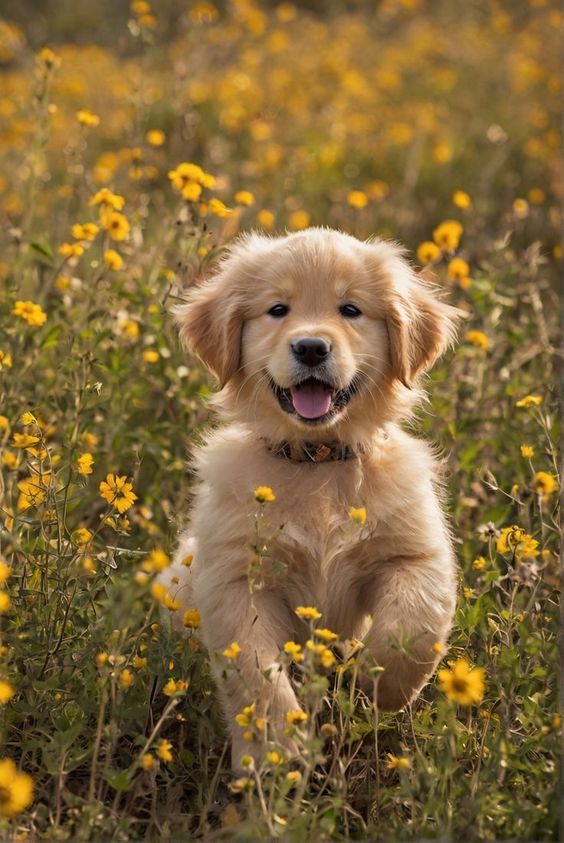 a small dog sitting in the middle of a field full of yellow wildflowers