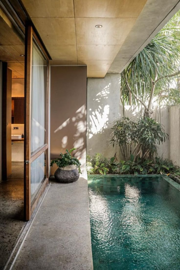 an indoor swimming pool in the middle of a room with large windows and plants on either side