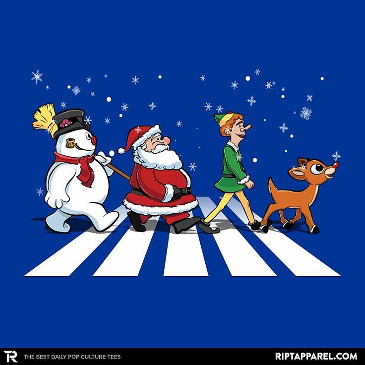 santa claus and his friends crossing the street in front of an animated snowman, deer, and penguin