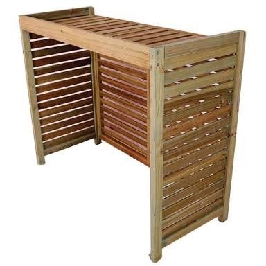 an outdoor wooden bench with shutters on the top and bottom part open to reveal a privacy wall