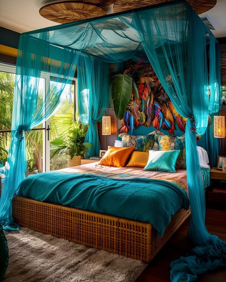 a bed with blue drapes and pillows on it