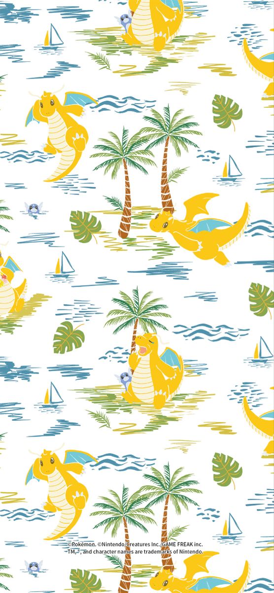 a yellow dinosaur and palm trees on a white background