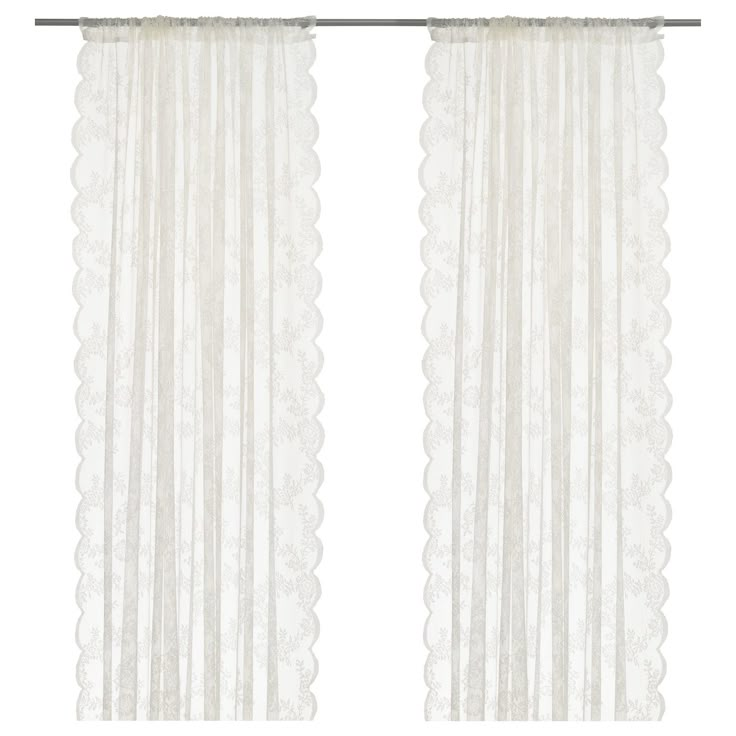 white sheer curtains with scalloped edges and lace trims on the bottom half