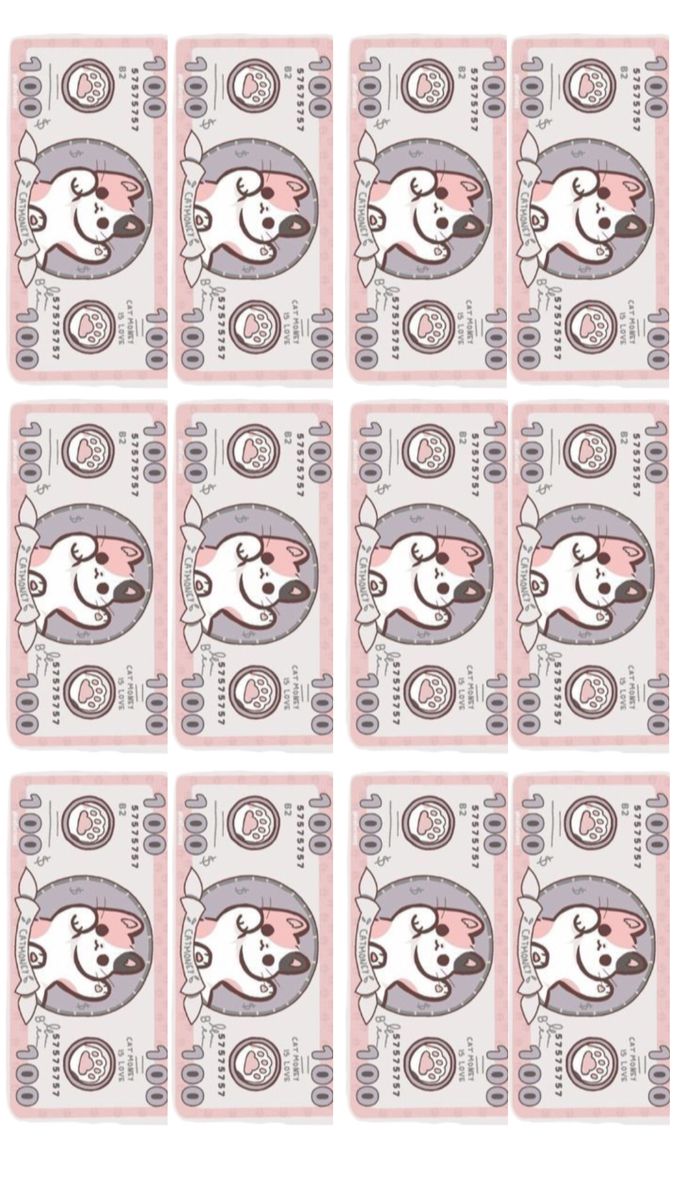 six chinese money bills with cartoon dogs on them, all in pink and white colors