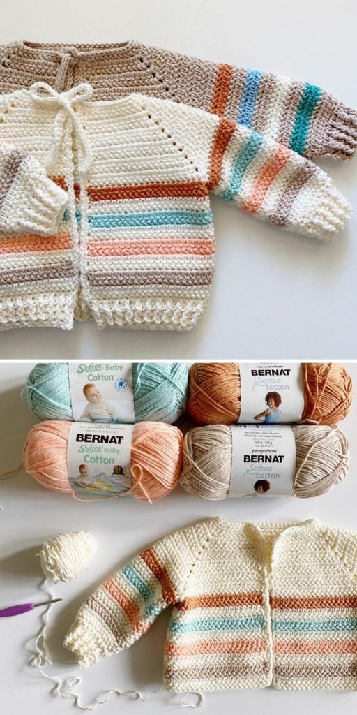 two pictures showing different types of knitted sweaters and crochet yarn balls