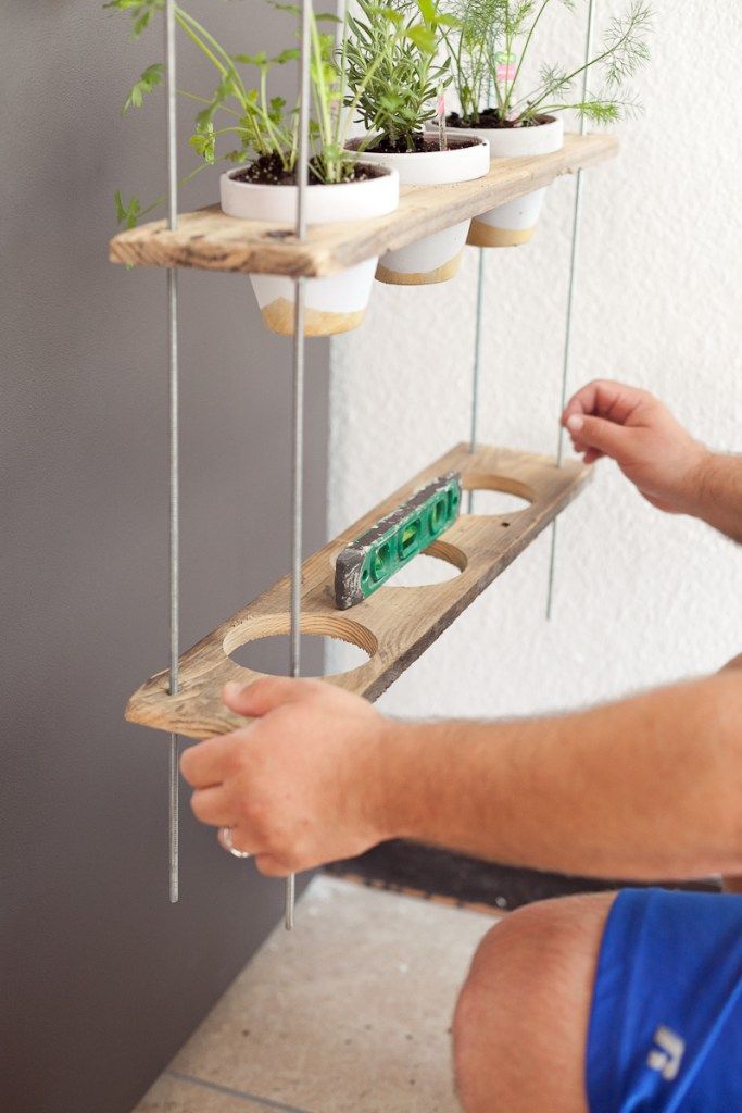 a man sitting on the floor with some plants hanging from it's ceiling rack