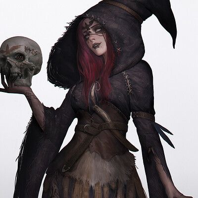 a woman dressed as a witch holding a skull