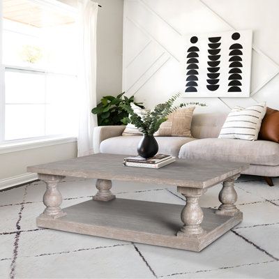 a living room with a couch, coffee table and potted plant in the corner