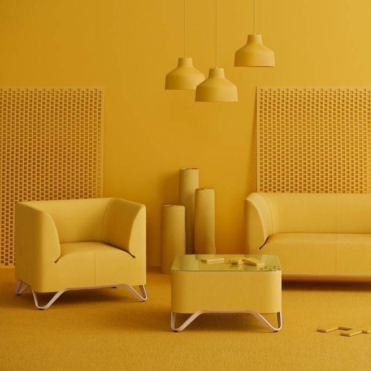 a yellow living room with two chairs and a coffee table in front of the couch