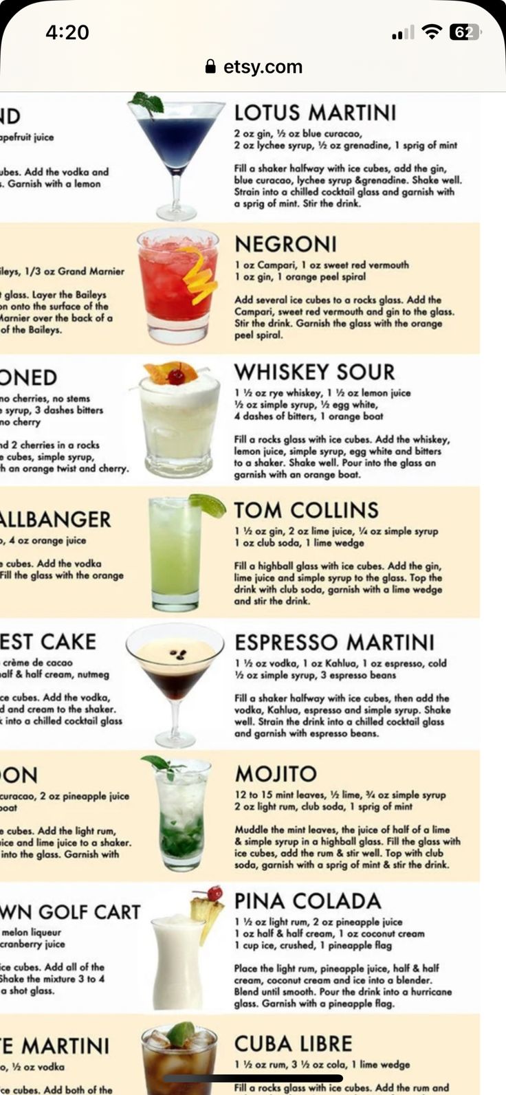 a poster with different types of cocktails on it's sides and the names in each