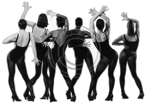 five women in black bodysuits and one is reaching up with her arms to the side