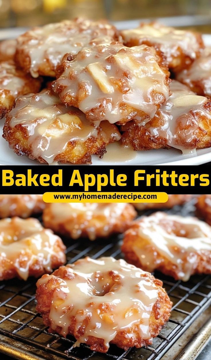 baked apple fritters on a cooling rack with the words baked apple fritters above them