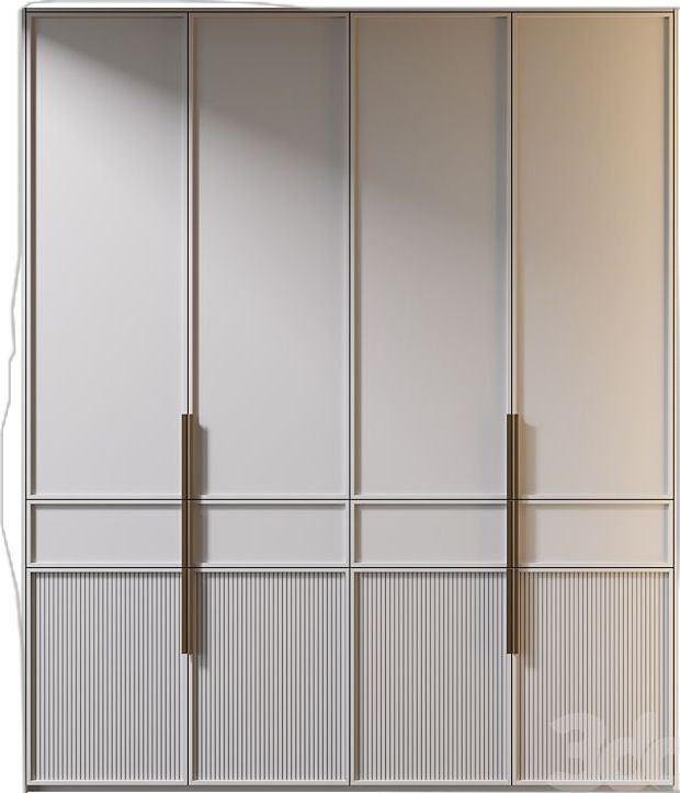 an image of a white closet with gold handles on the doors and bottom paneling