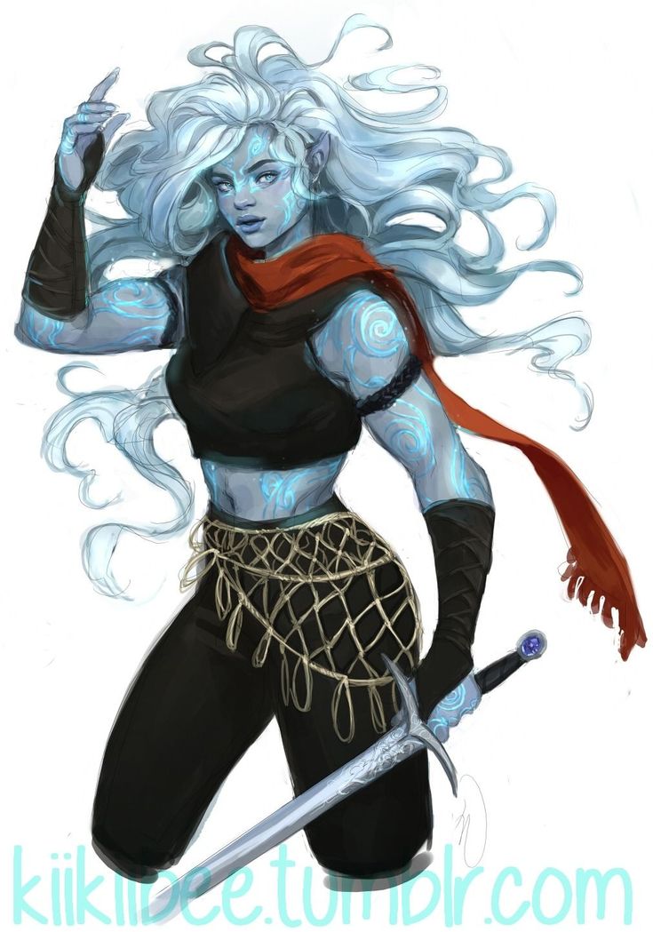 a drawing of a woman with white hair and blue skin holding two swords in her hands