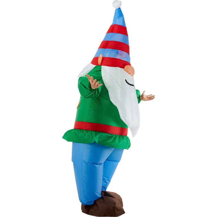 an inflatable costume is standing on one foot