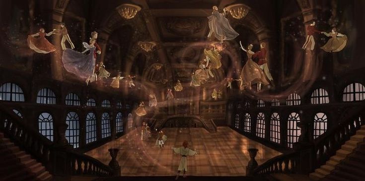 an animated image of people dancing in a hall