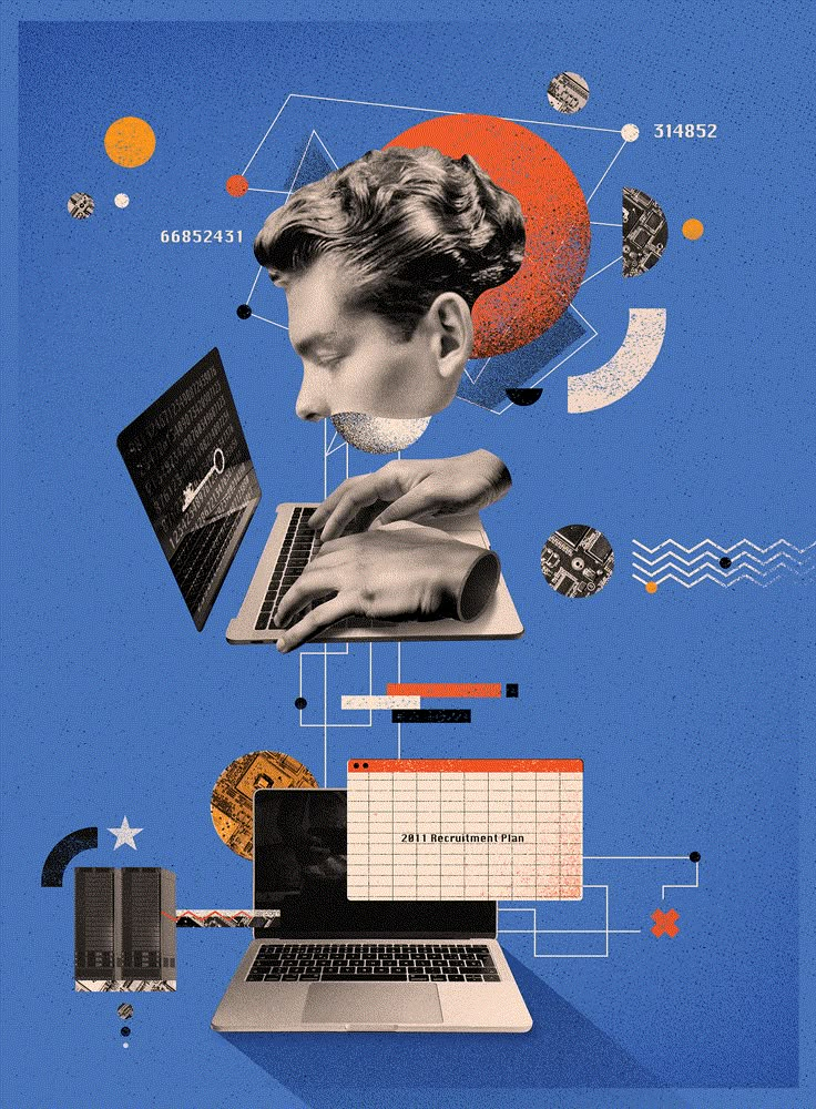 a collage of various images including a woman's face, laptop and other objects