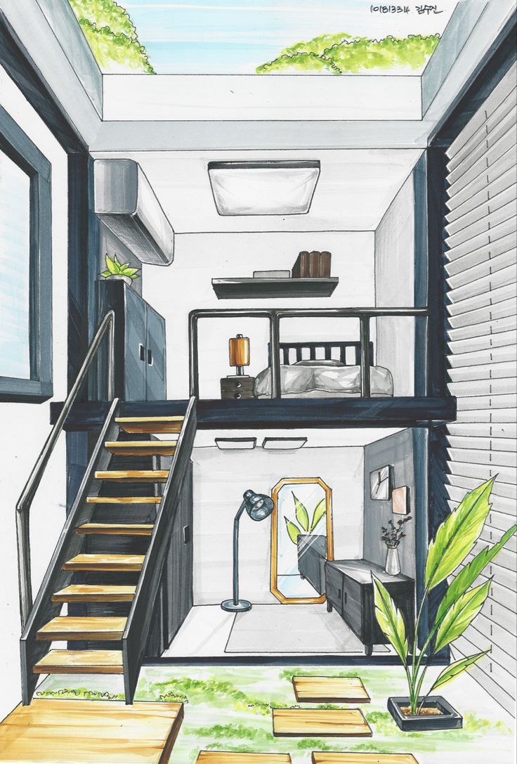 a drawing of a small room with stairs