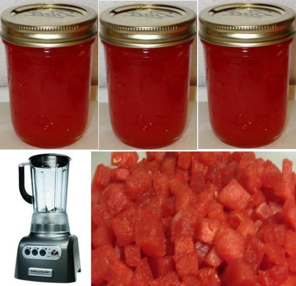 there are three jars with food inside of them and one is filled with watermelon