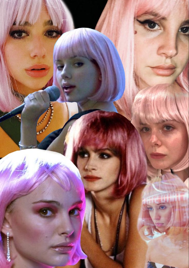 many different women with pink hair and piercings on their heads are shown in this collage