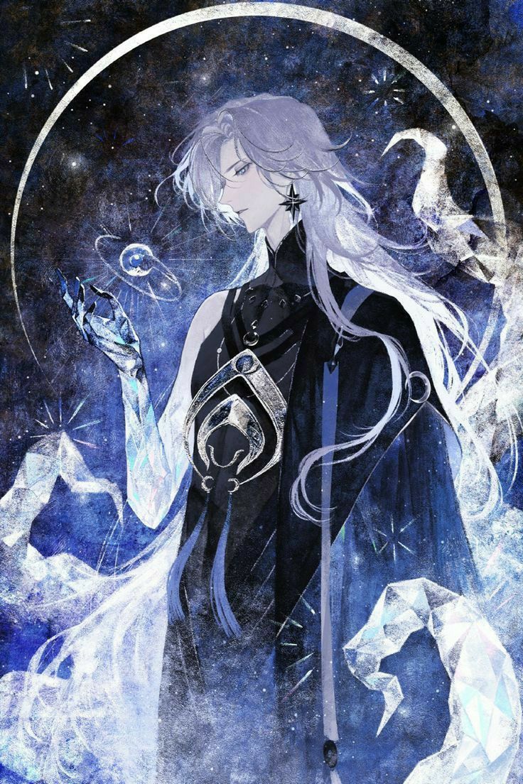 an anime character with long white hair and blue eyes, standing in front of a dark background