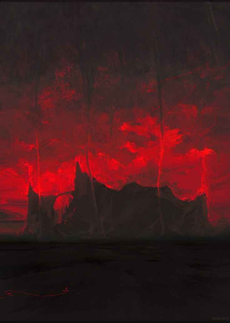 an abstract painting of red clouds over mountains and trees in the foreground, with dark water below