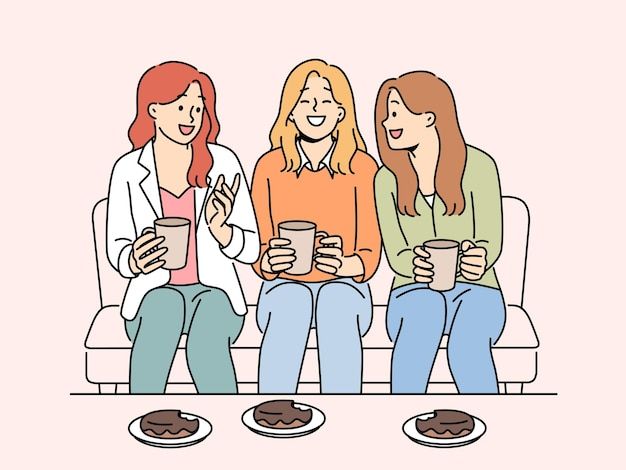 three women sitting on a couch drinking coffee