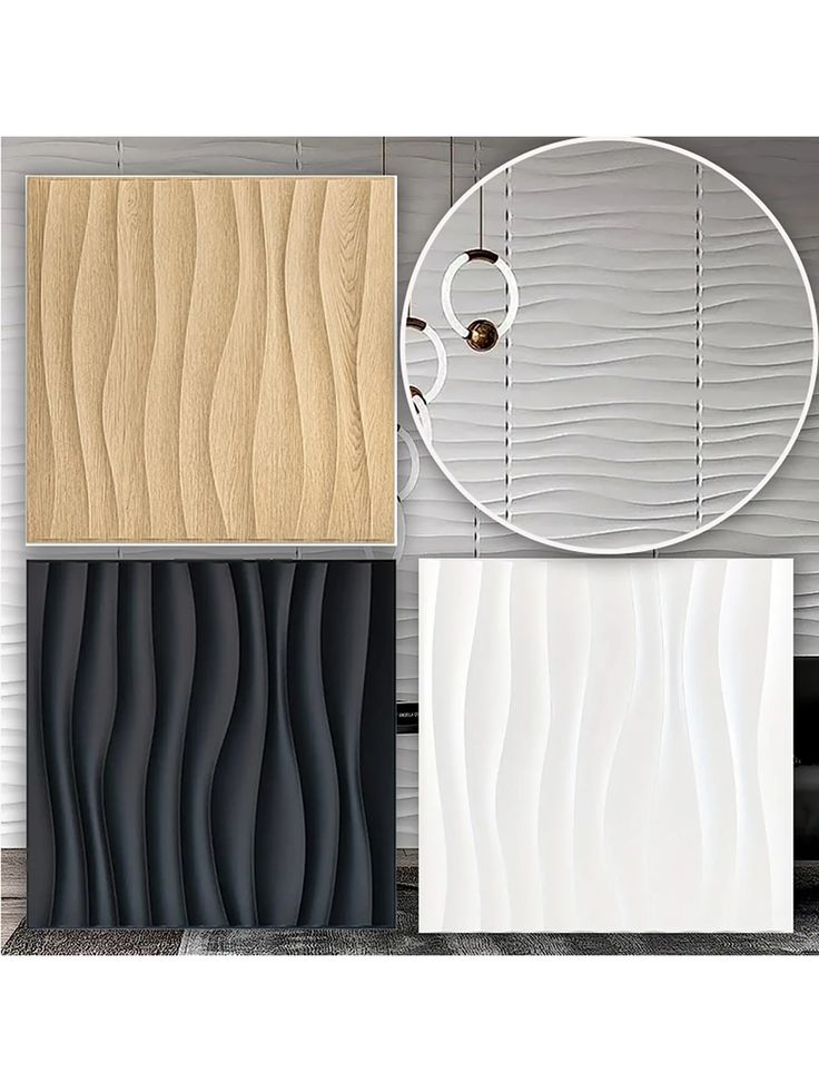 four different types of wood panels in various shapes and sizes, including one with a circular mirror