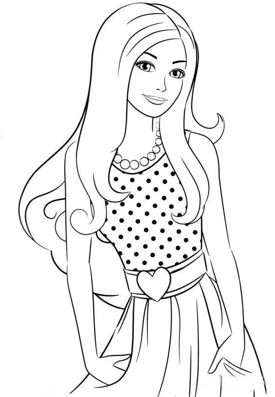 a cartoon girl with long hair wearing a polka dot top and skirt, looking at the camera