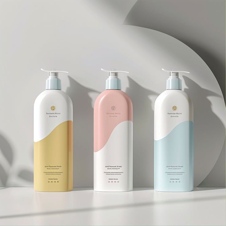 three different types of shampoos on a white surface with shadows in the background