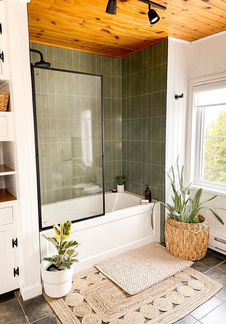 a bath room with a tub a rug and a plant on the floor in front of a window