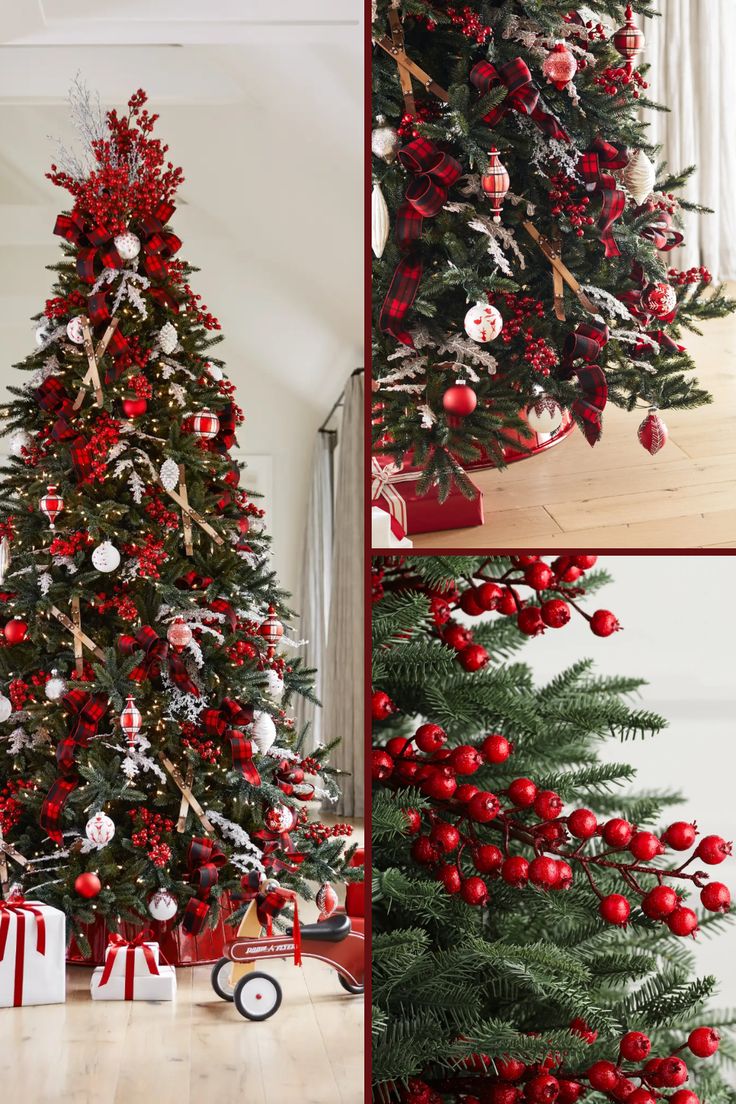 christmas tree decorated with red and white balls, ornaments and bows in various stages of development