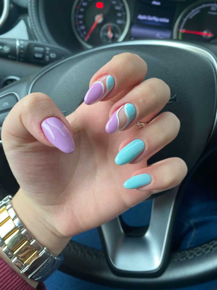 purple blue nails Light Blue And Purple Nails Acrylic, Nail Purple And Blue, Sky Blue And Purple Nails, Blue And Purple Nails Simple, Lilac And Teal Nails, Almond Nails Blue And Pink, Summer Nails Blue And Purple, Pink And Blue Nails Design Simple, Cute Nails Pink And Blue