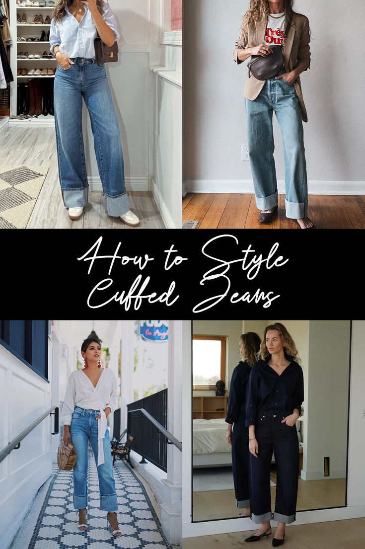 How to Style the Cuffed Jeans Trend Deep Cuff Jeans, Jeans With Cuffed Bottoms, Stovepipe Cuffed Jeans Outfit, Cuffed Pants Outfit Woman, High Cuffed Jeans Outfit, How To Wear Cuffed Jeans, Cuffed Denim Jeans Outfit, Western Cuffed Jeans, How To Style Wide Leg Cuffed Jeans